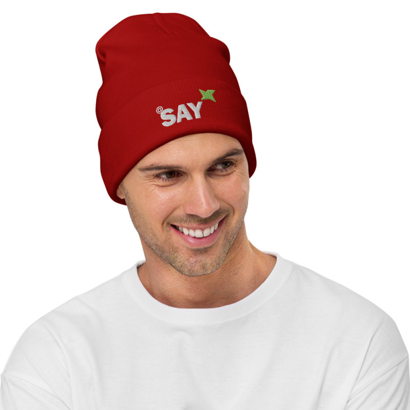 Embroidered Logo Beanie: AT SAY Cotton Blend Knit Cap