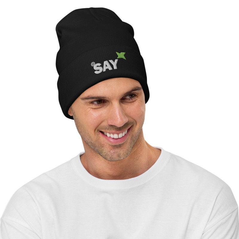 Embroidered Logo Beanie: AT SAY Cotton Blend Knit Cap