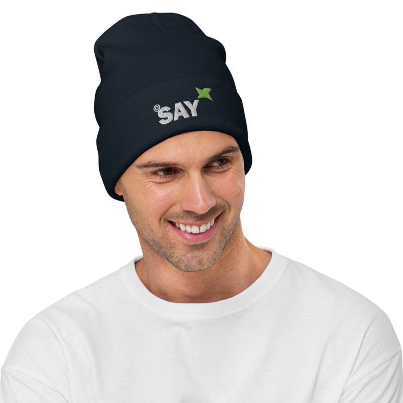 Embroidered Logo Beanie: AT SAY Cotton Blend Knit Cap