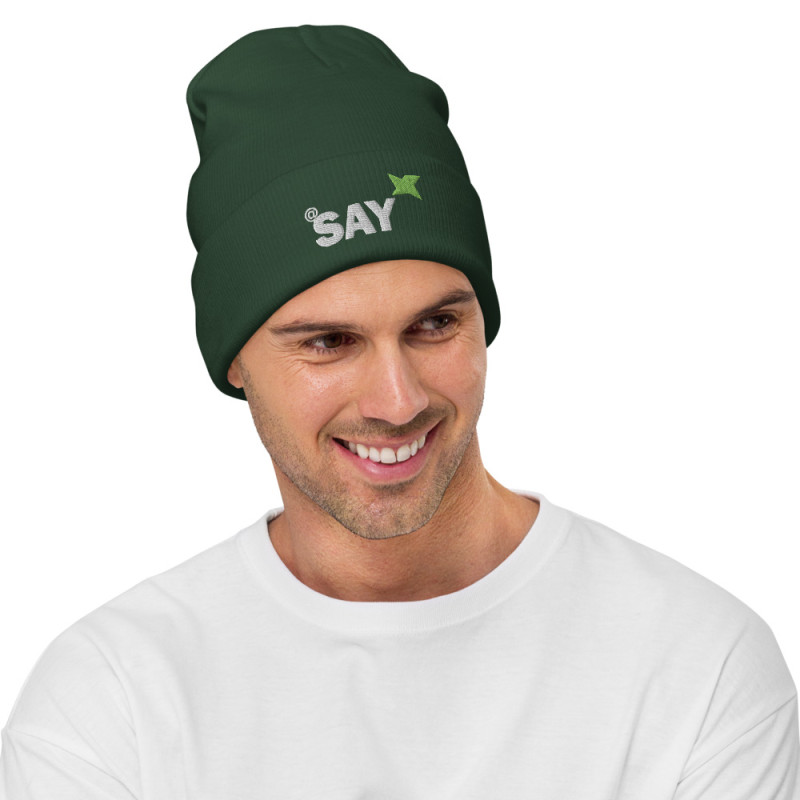 Embroidered Logo Beanie: AT SAY Cotton Blend Knit Cap