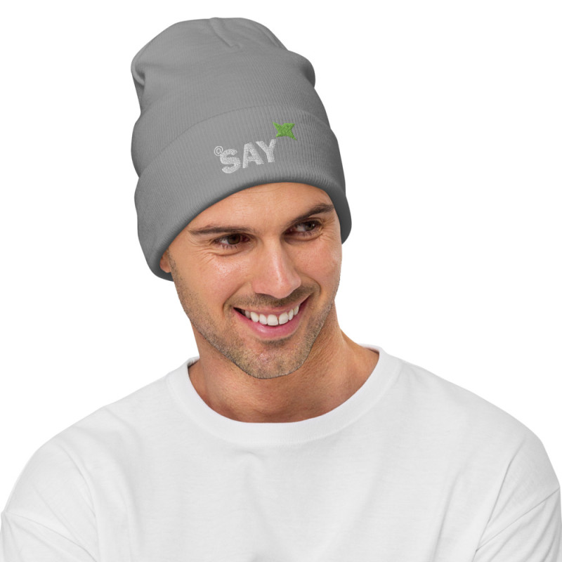Embroidered Logo Beanie: AT SAY Cotton Blend Knit Cap