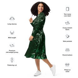 'Rainforest' All-over print long sleeve midi dress